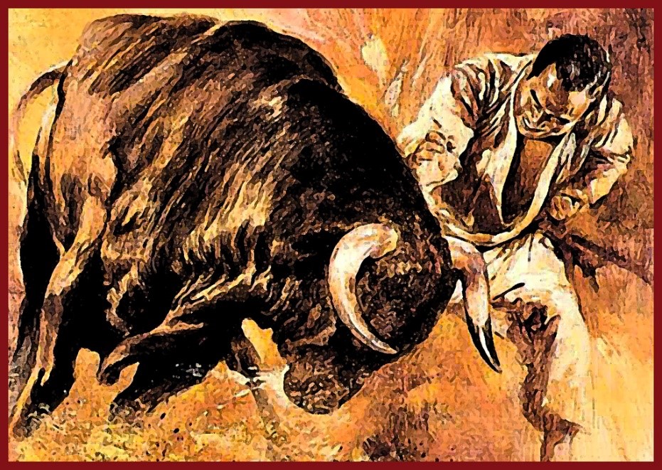 Legendarni prikaz Ōyame v boju z bikom.